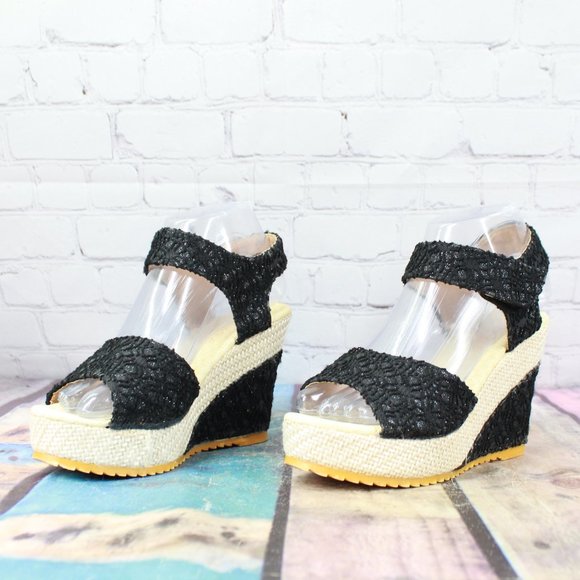 Women's Black Cream Ankle Strap Espadrille Platform Sandals Size 37 US 7 - Picture 2 of 8